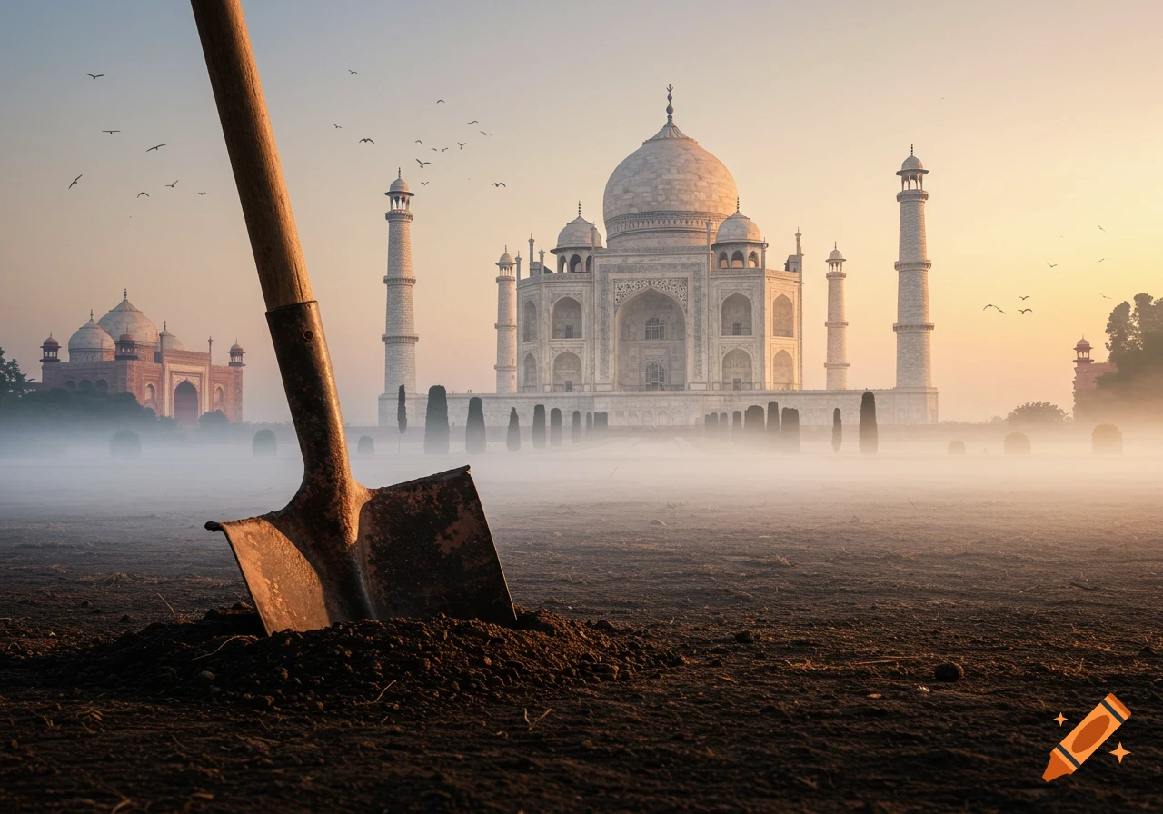 An old shovel stuck in dark soil with the majestic Taj Mahal in a misty landscape at sunset.