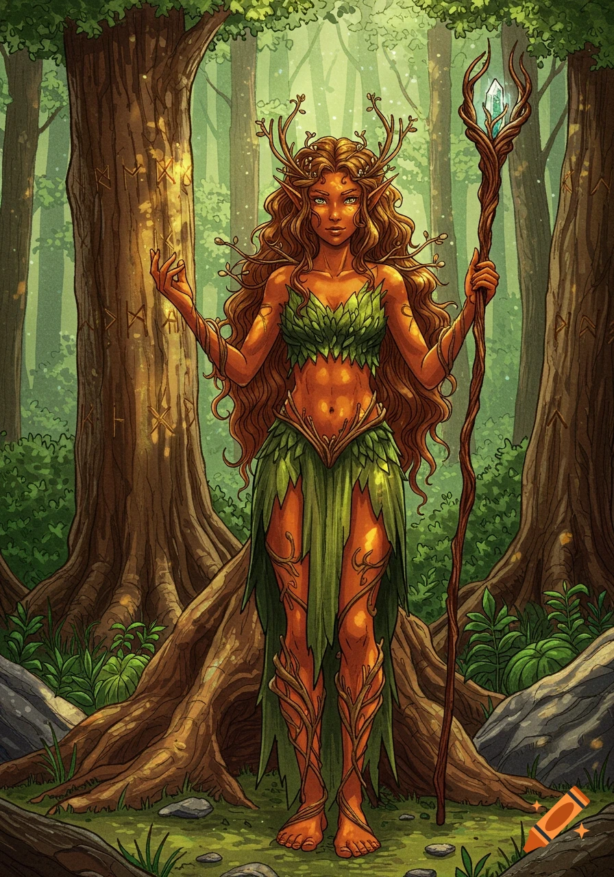 An illustration of a brown-skinned wood elf woman with antlers and leaf clothing stands in a forest, holding a staff. Runes are carved into the trees.