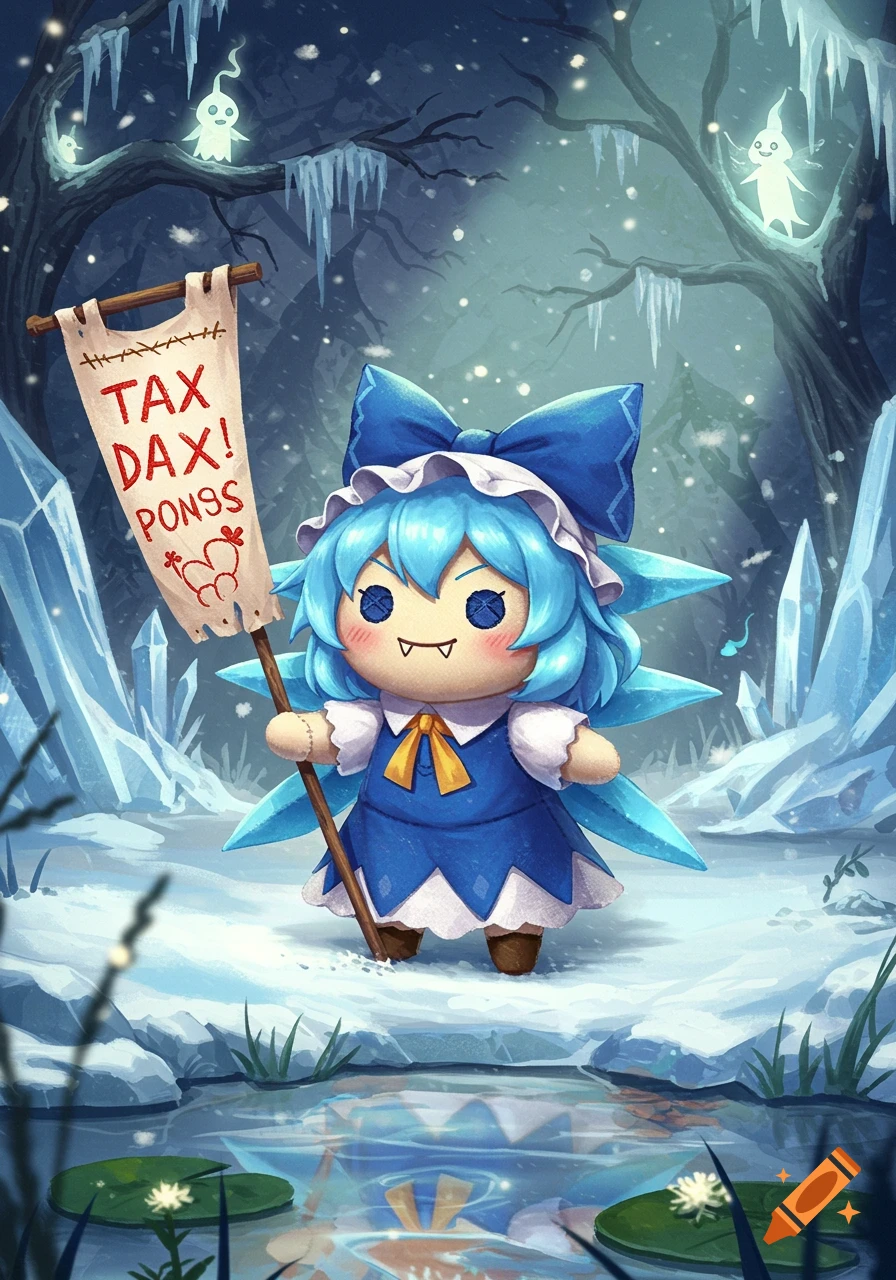 A chibi Cirno Fumo doll in a snowy forest holds a sign saying 'TAX DAX! PONGS', with floating spirits nearby.
