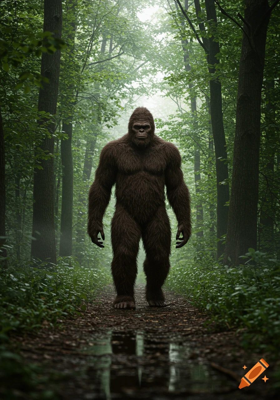 A photorealistic depiction of Bigfoot walking on a dirt path through a misty, dense green forest.