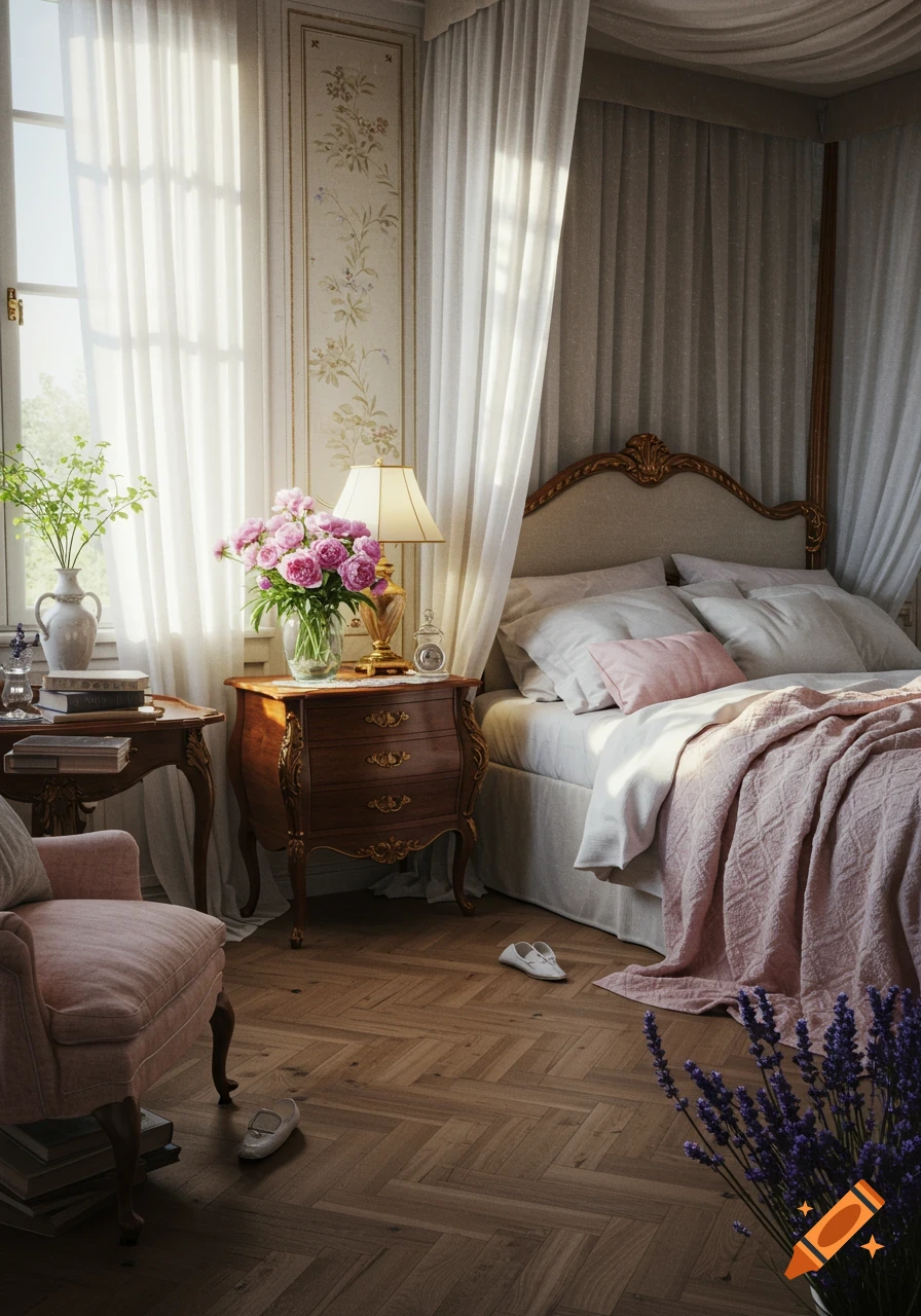 A sunlit, luxurious bedroom with a canopy bed, ornate wooden furniture, and a vase of pink roses. Photorealistic style.