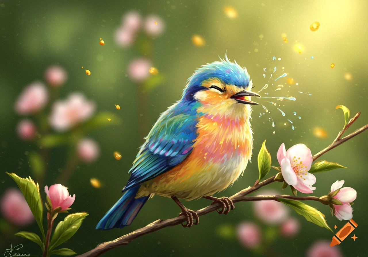 Colorful cartoon bird sneezing on a flowering branch with pink blossoms, vibrant illustration.