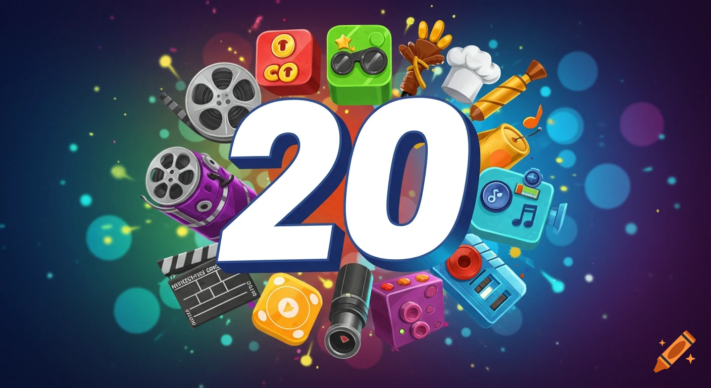 A stylized number 20 surrounded by various colorful icons representing movies, music, gaming, and cooking, on a dark bokeh background.