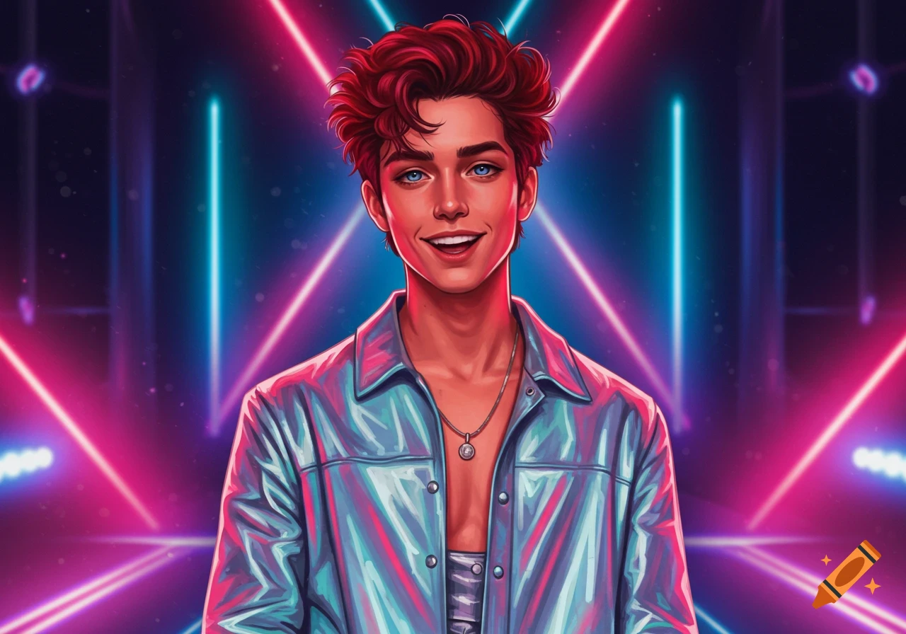A smiling male teen with messy red hair and blue eyes, wearing a silver jacket and necklace, in a vibrant neon-lit digital art style.