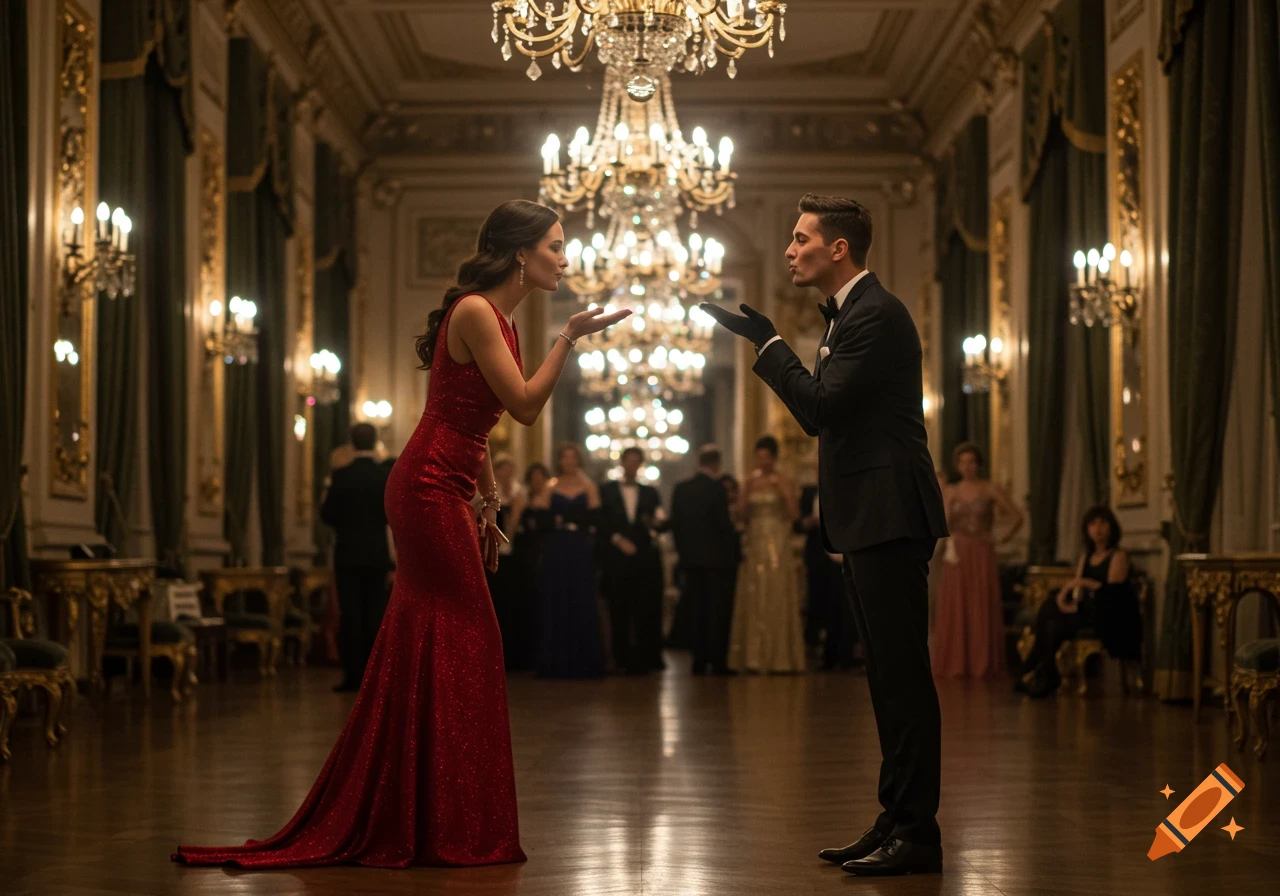 A woman in a red evening gown and a man in a tuxedo with gloves exchange blown kisses in a luxurious ballroom.