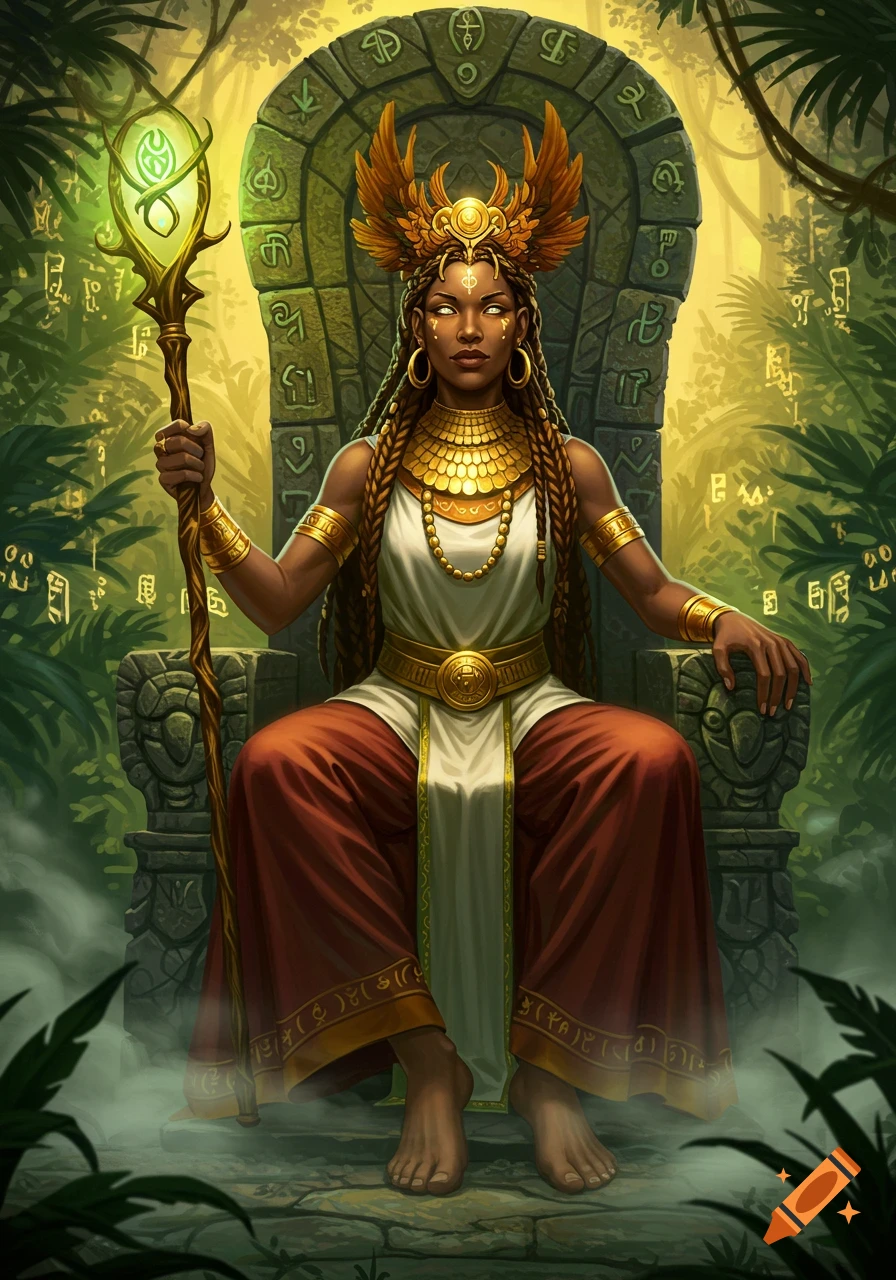 A powerful fantasy priestess with braided hair and gold jewelry sits on a stone throne, holding a glowing staff in a jungle.