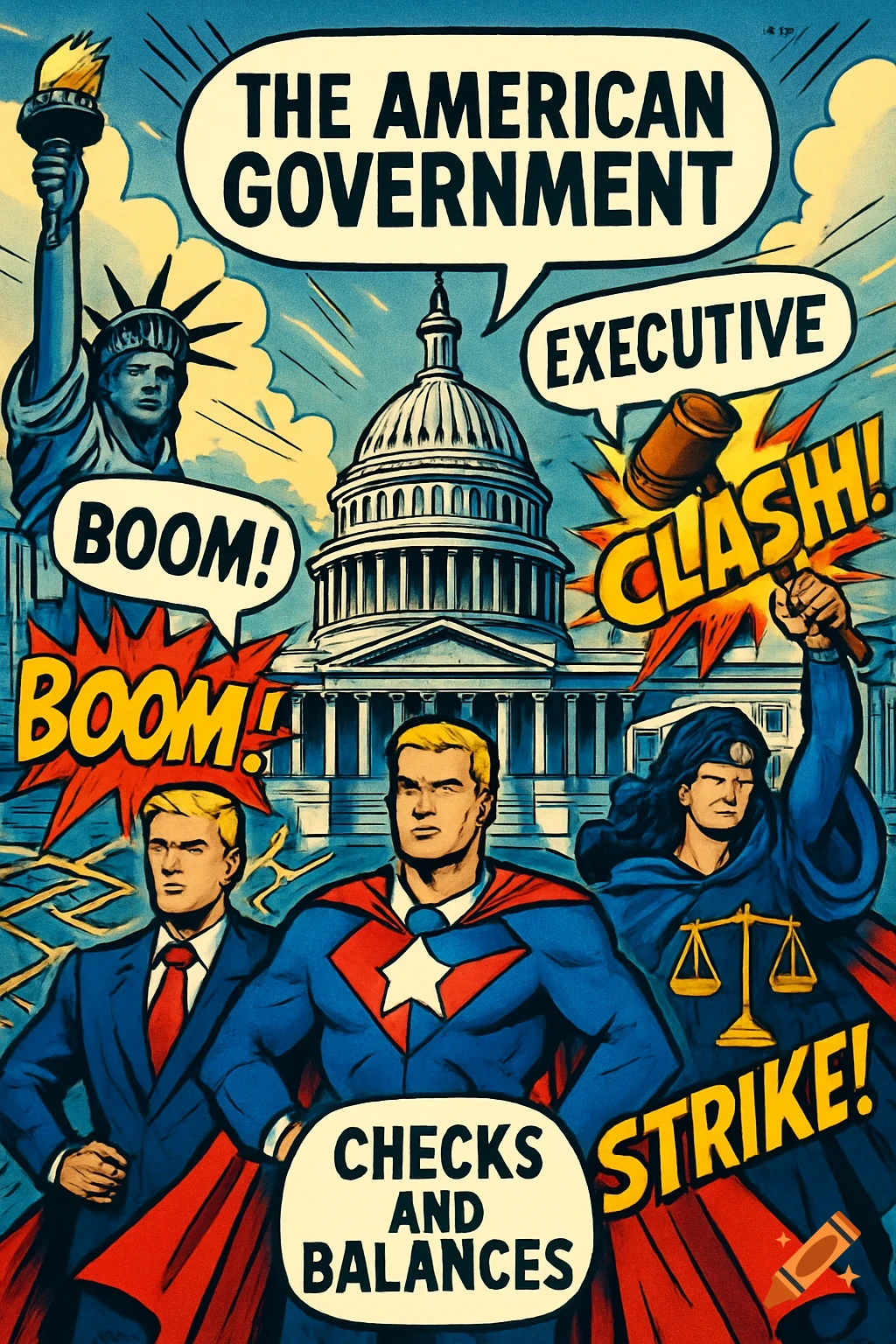 Comic book style art depicting the American government, featuring superheroes, the Capitol, Statue of Liberty, and text like 'CHECKS AND BALANCES'.