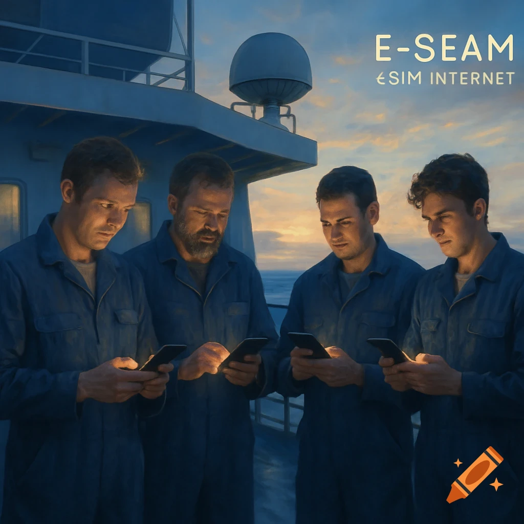 Four seamen in blue coveralls on a ship at sunset, engrossed in their mobile phones. Text 'E-SEAM eSIM INTERNET' visible.