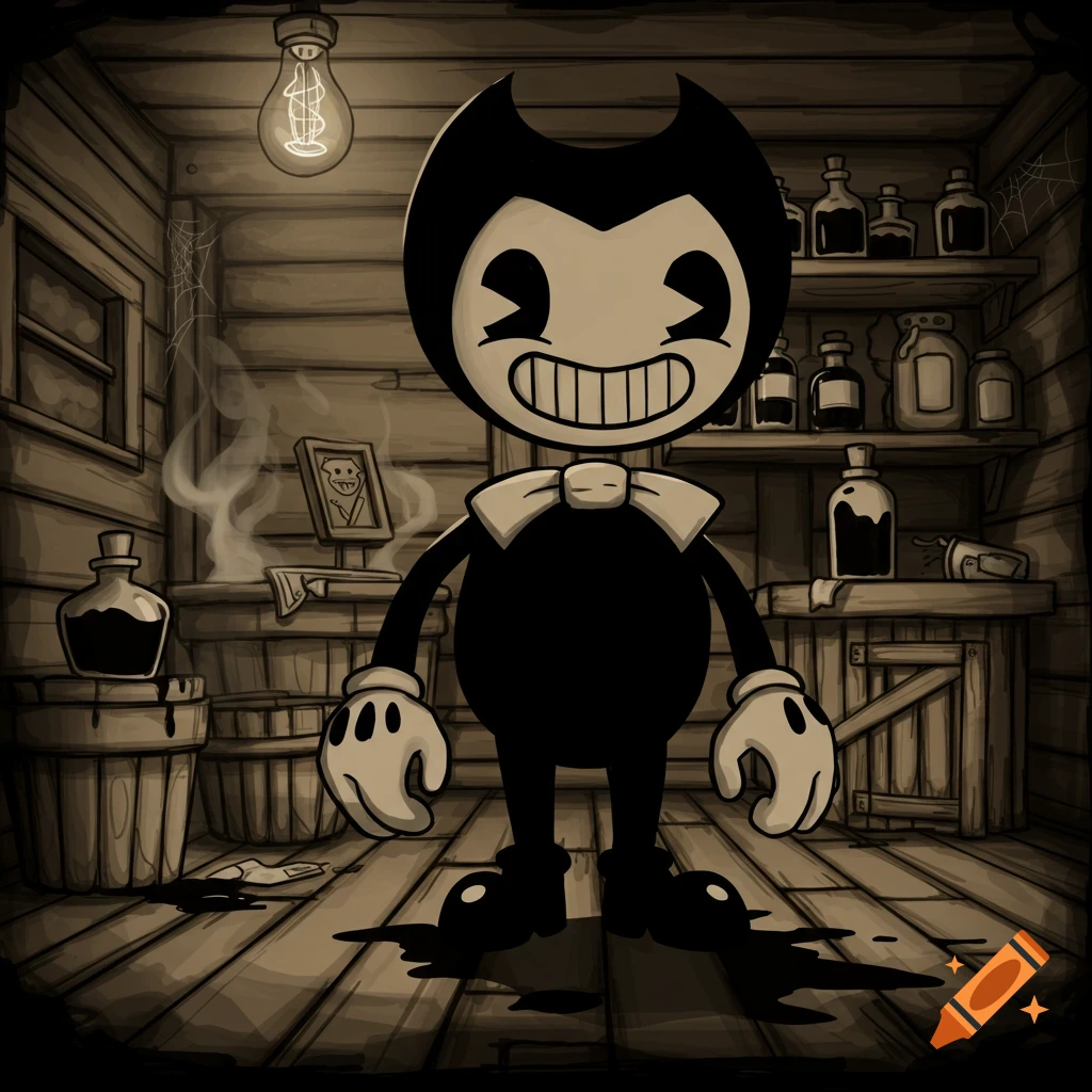 Cartoon character Bendy stands with a wide grin in a dimly lit, rustic wooden room with ink splatters on the floor.