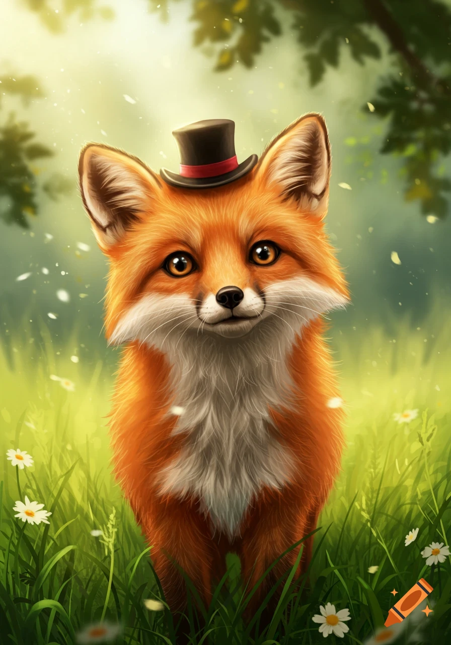 A cute, stylized illustration of an orange fox wearing a tiny top hat, standing in a sunny, grassy forest.