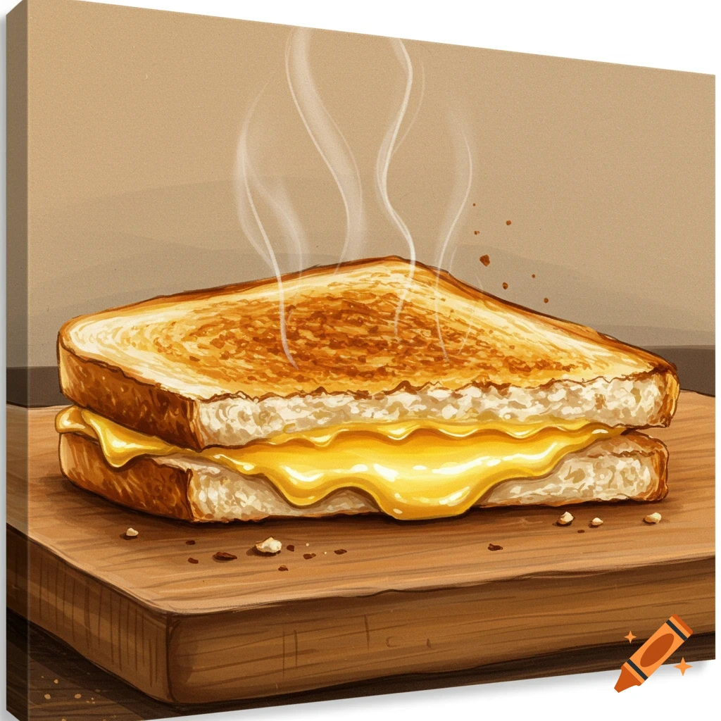 A hot, steaming grilled cheese sandwich with melted yellow cheese on a wooden cutting board, illustrated in a canvas drawing style.