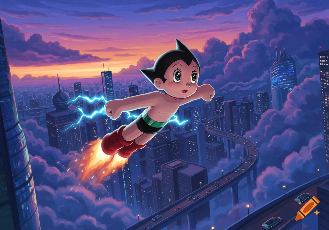 Astro Boy flies over a futuristic city at sunset, with purple clouds and bright orange skies, in an anime illustration style.