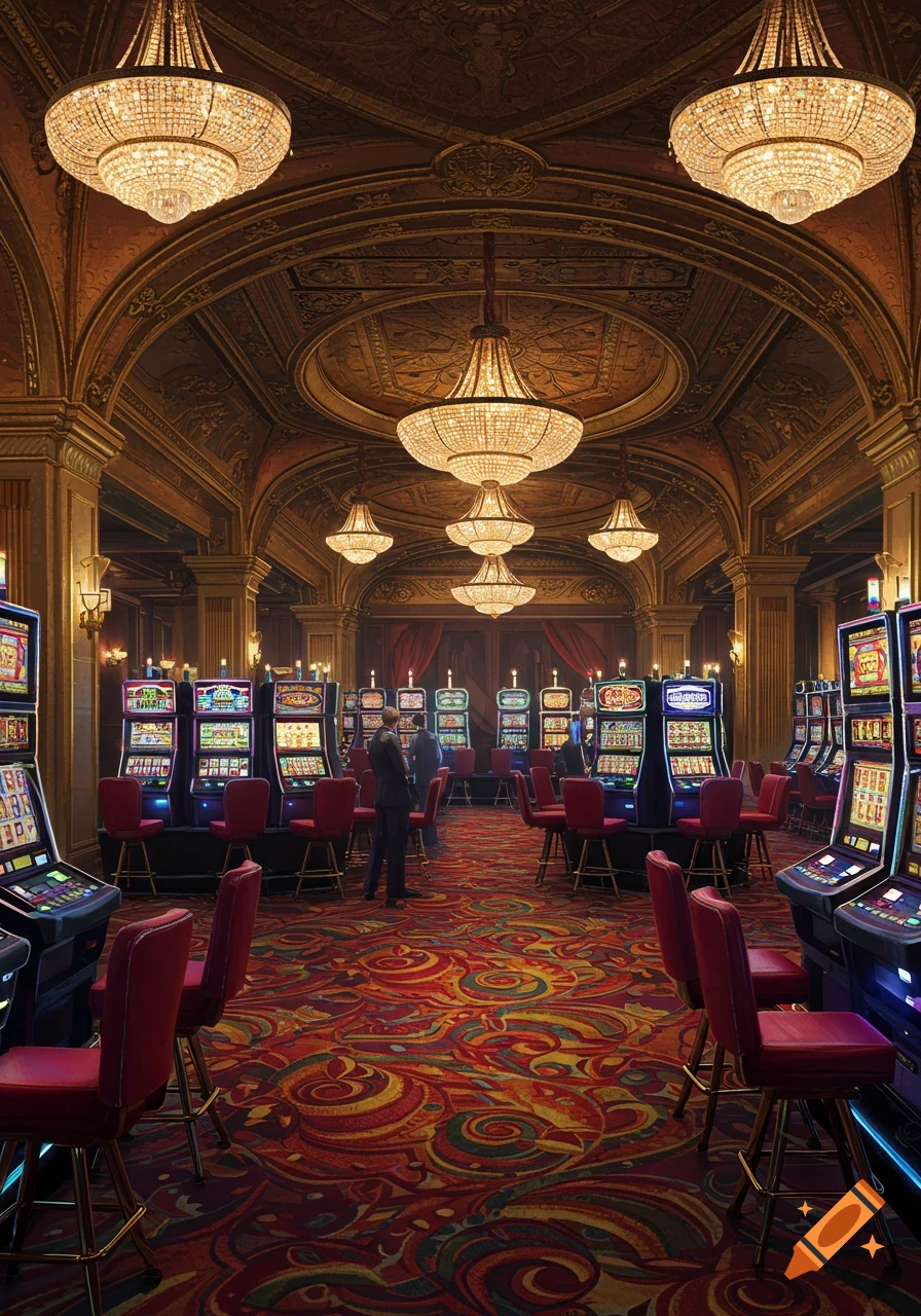 Ornate casino interior with sparkling chandeliers, a vibrant patterned carpet, and rows of glowing slot machines with red stools.