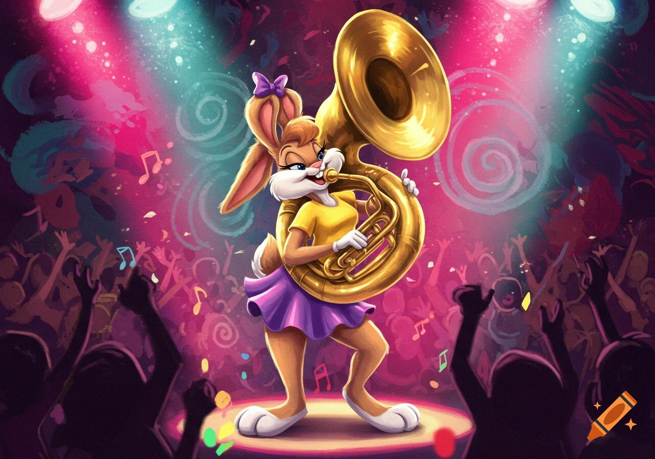 A cartoon rabbit in a yellow shirt and purple skirt plays a golden sousaphone on a brightly lit stage before a cheering crowd.