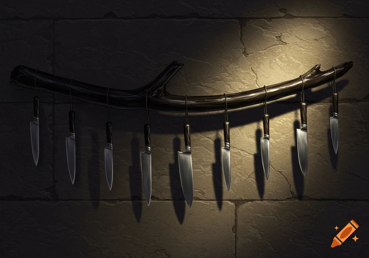 Eleven knives with dark handles hang from a dark, glossy branch against a dimly lit stone wall.