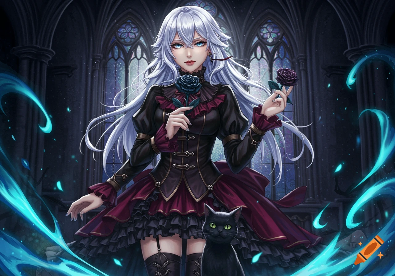 An anime girl with long white hair in a gothic black and red dress holds a black rose, accompanied by a black cat, in a dark cathedral with blue magical energy.