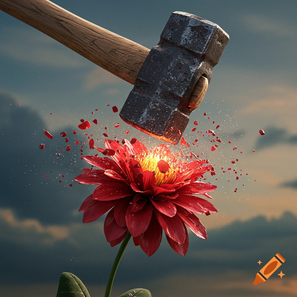 A photorealistic image of a large sledgehammer impacting a red flower, causing petals and light to burst outwards under a cloudy sky.