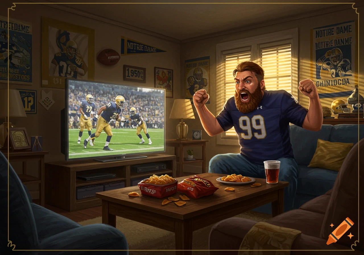 A bearded man in a blue Notre Dame shirt excitedly watches a football game on TV in his living room, surrounded by team memorabilia and snacks.
