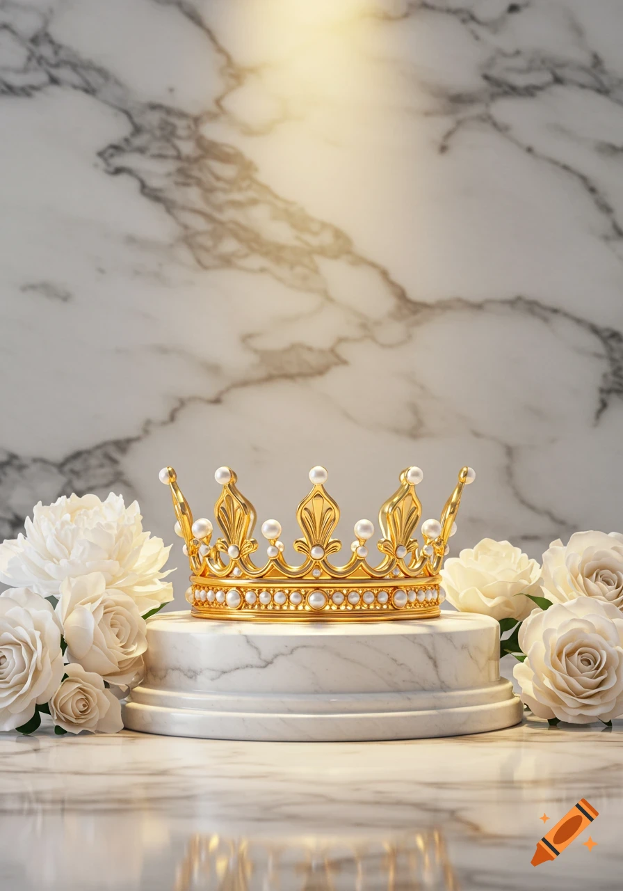 A luxurious golden crown with pearls on a white marble pedestal, surrounded by white roses and peonies, against a marble background with glowing light.
