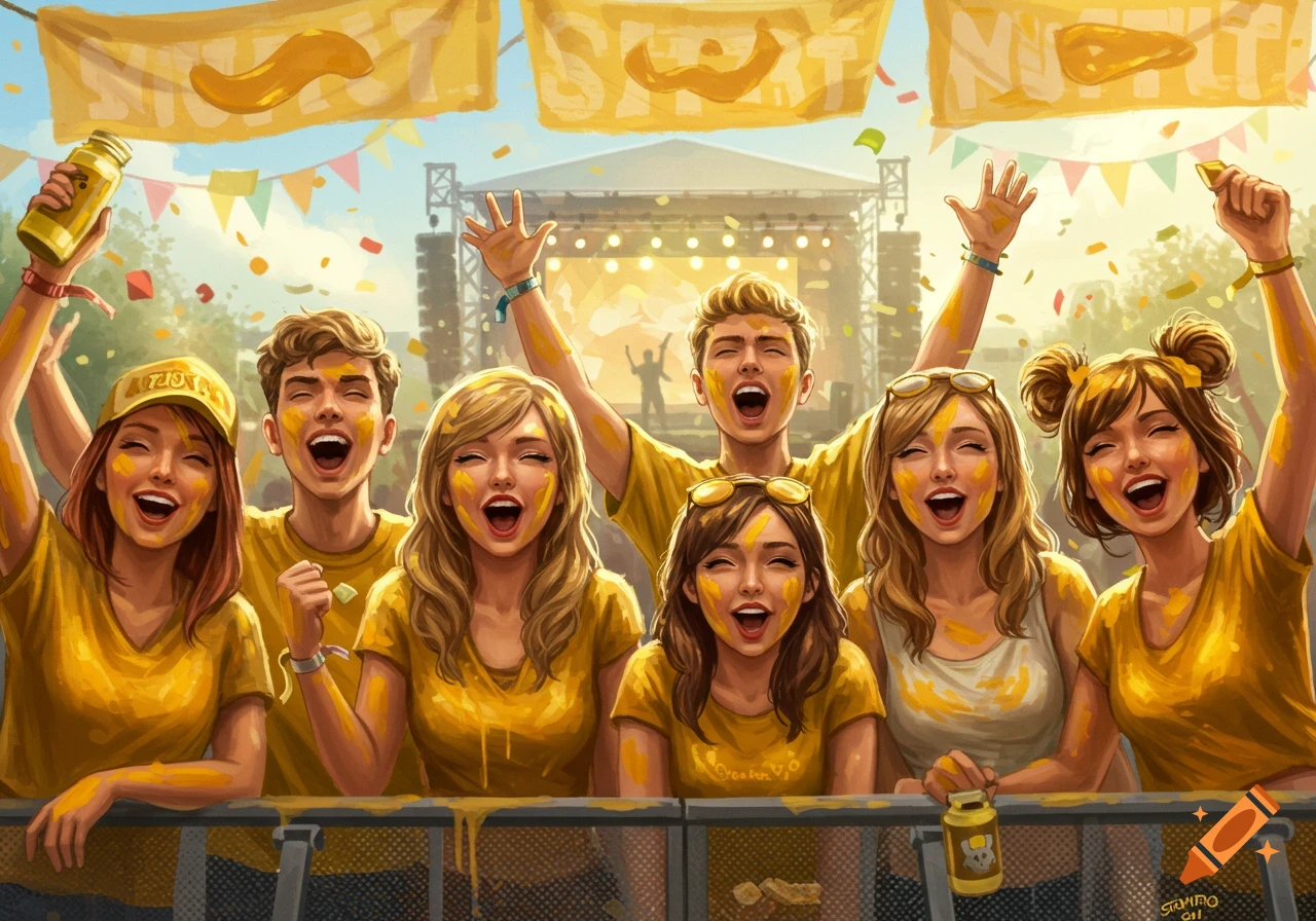 A vibrant illustration of a diverse group of happy young people at a concert, covered in yellow paint, cheering and raising their hands.