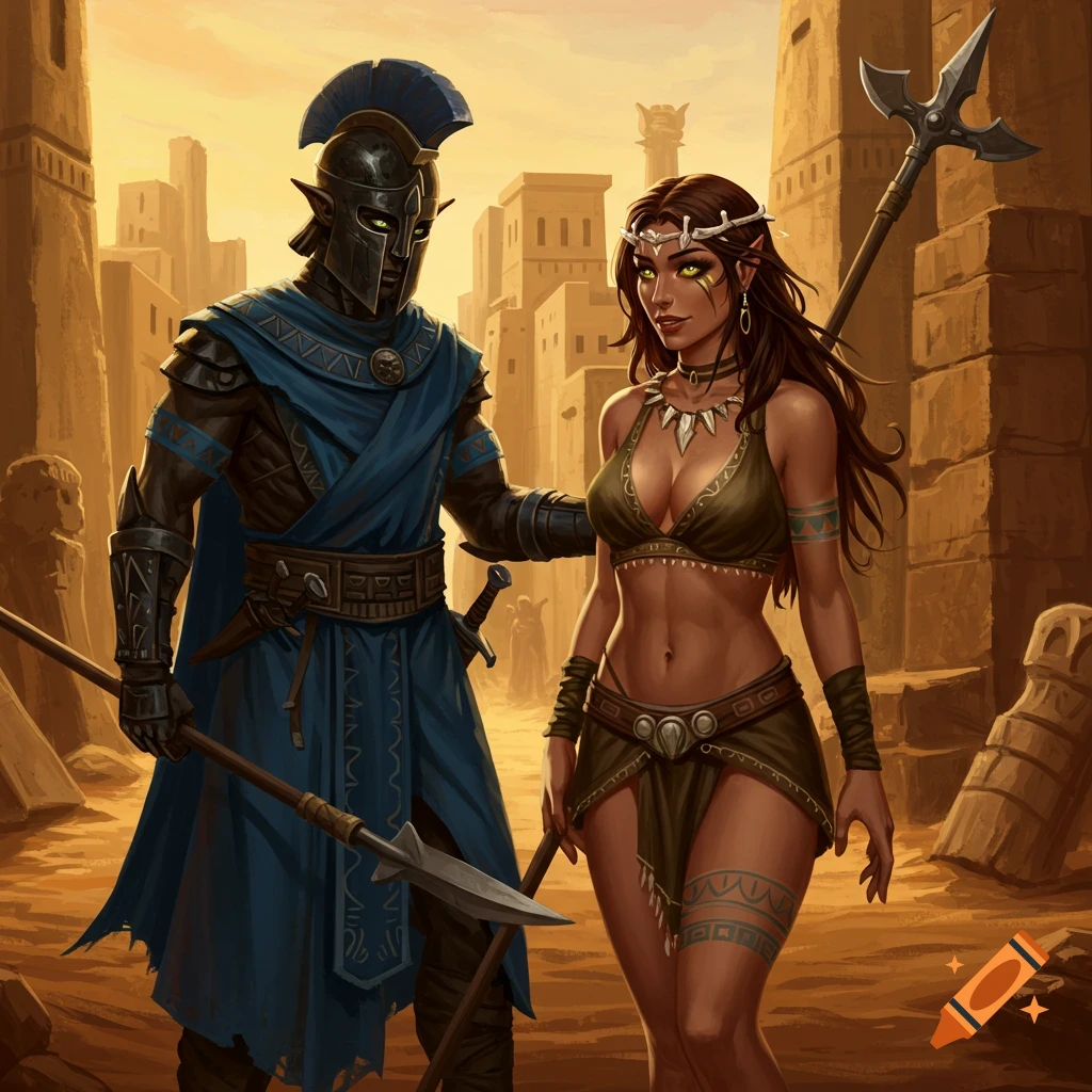 A female warrior in a skimpy prehistoric outfit flirts with a helmeted male warrior in blue robes, in a desert city. Digital art.