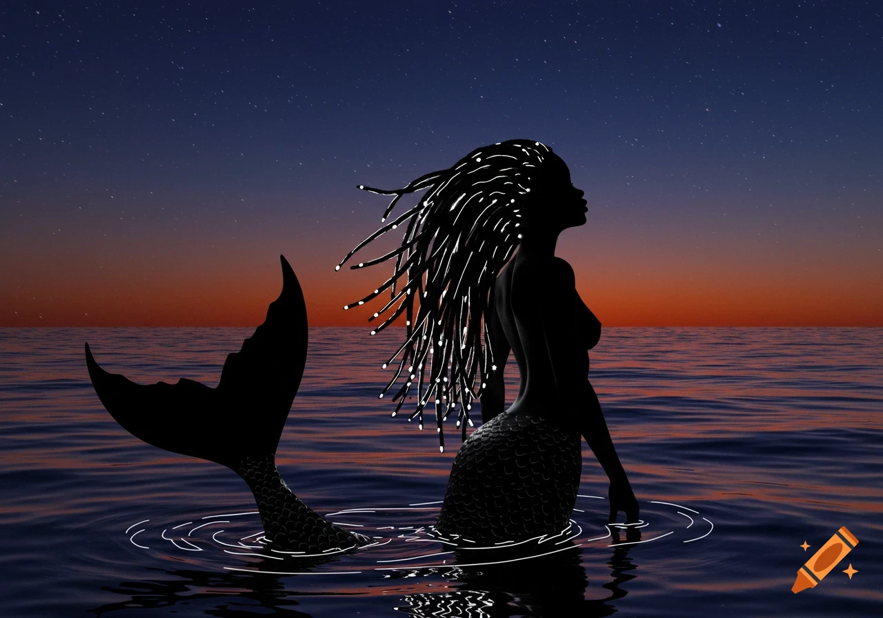 Silhouette of an African American mermaid with glowing dreadlocks in the ocean at sunset.