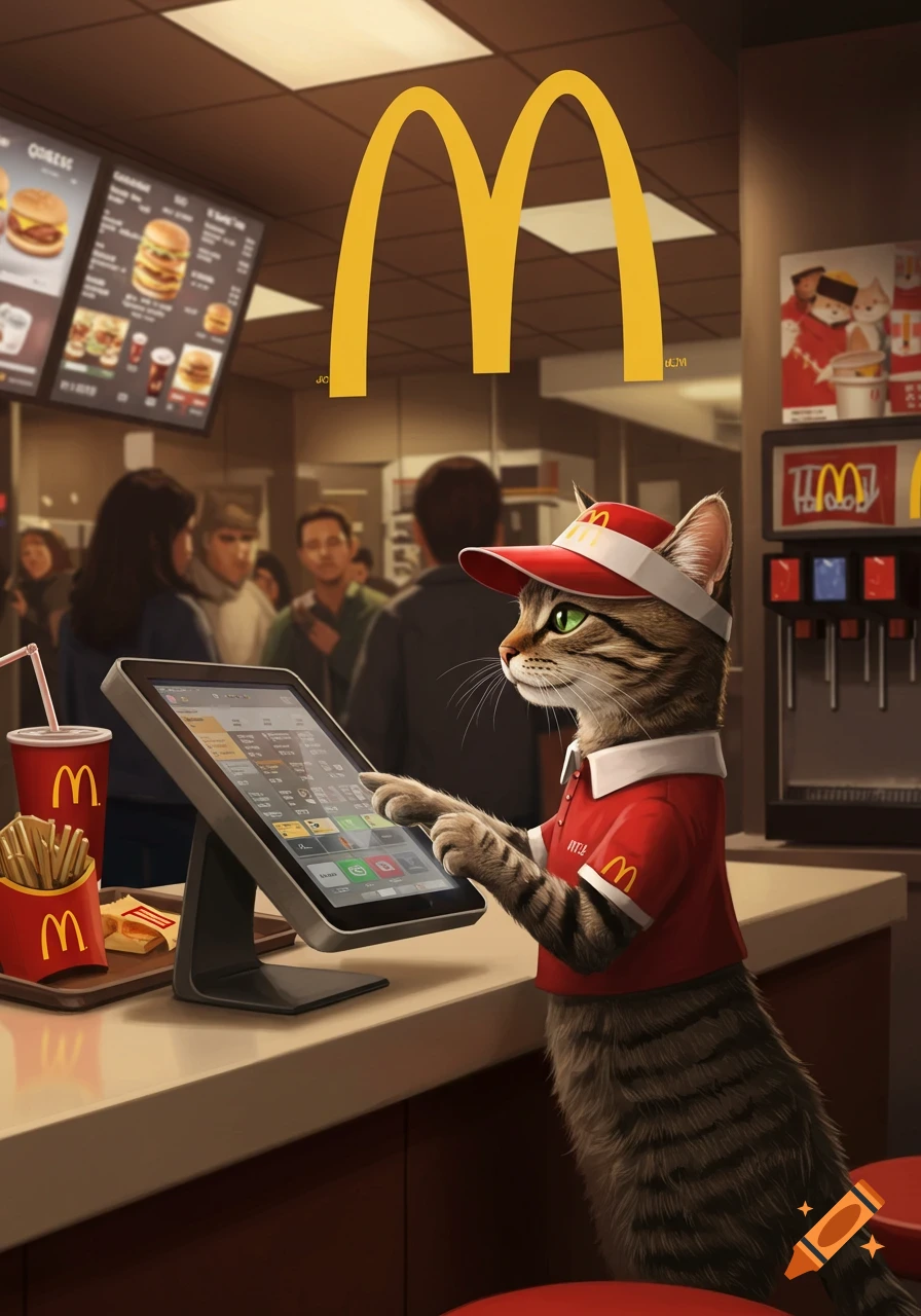 A tabby cat wearing a McDonald's uniform and red visor operates a POS tablet at the counter in a McDonald's restaurant.