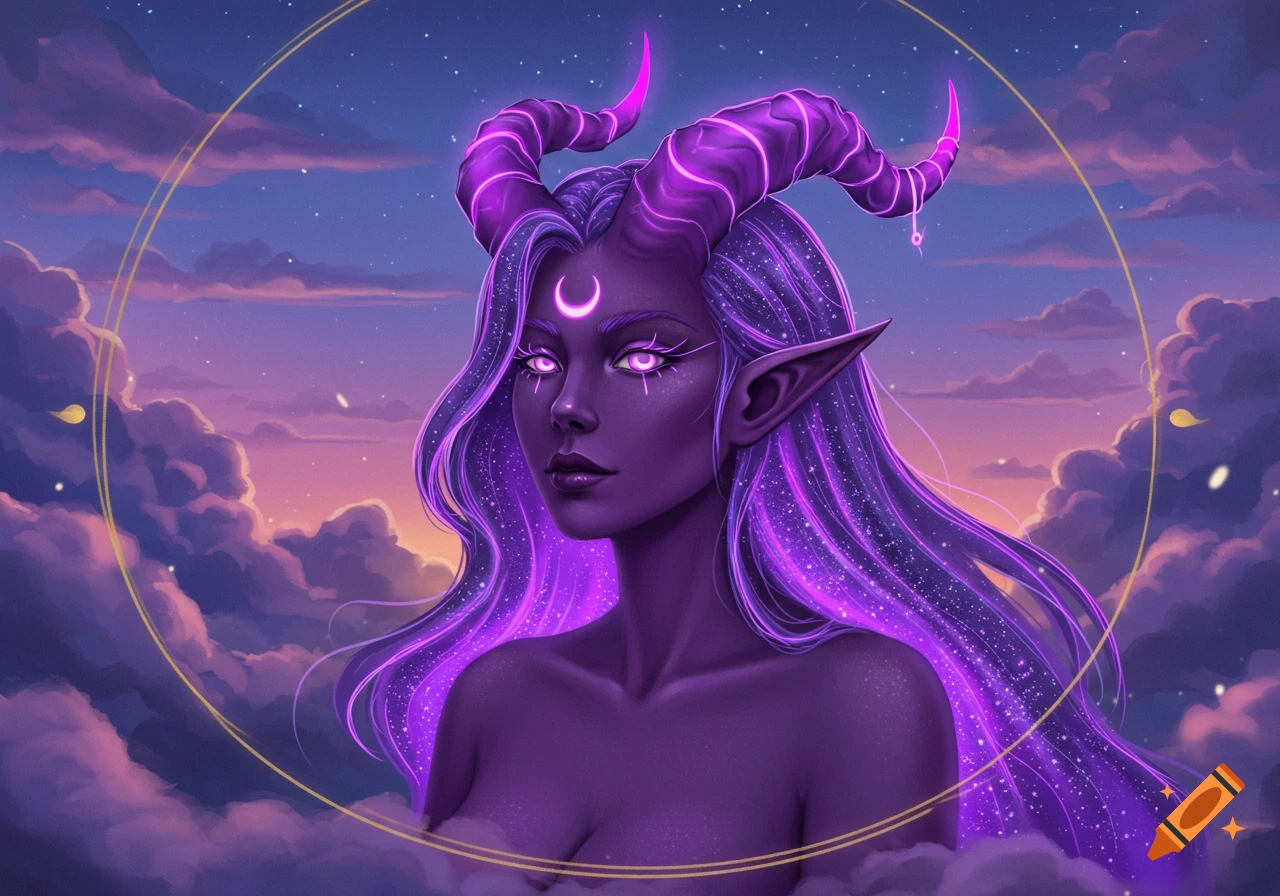 Purple-skinned fantasy woman with glowing hair, neon horns, and crescent moon adornment, framed by clouds and a starry night sky. Digital art.