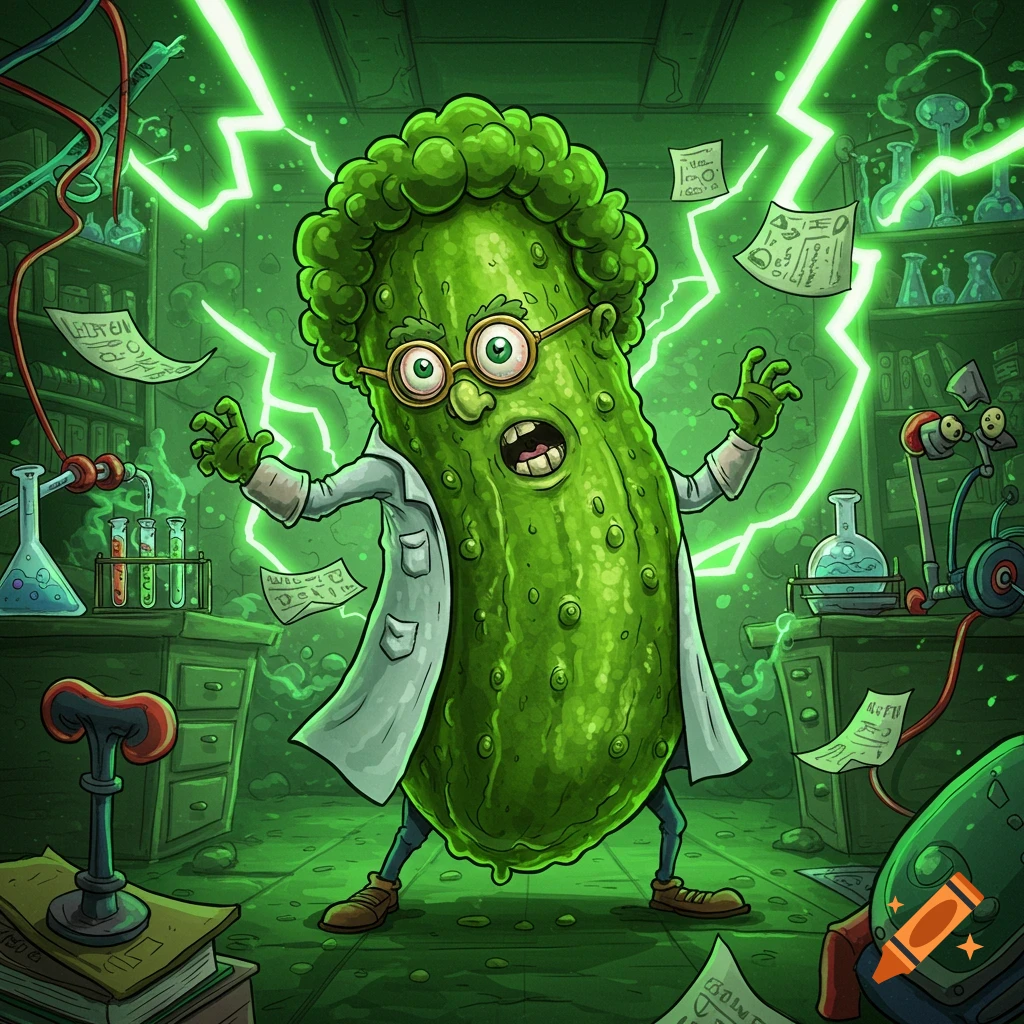 A green, anthropomorphic pickle with glasses and a lab coat stands in a glowing green mad scientist's lab, surrounded by papers.