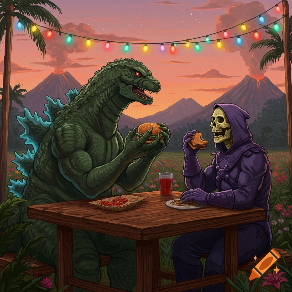 Cartoon illustration of Godzilla and Skeletor eating burgers at a wooden table outdoors with erupting volcanoes, palm trees, and string lights at sunset.