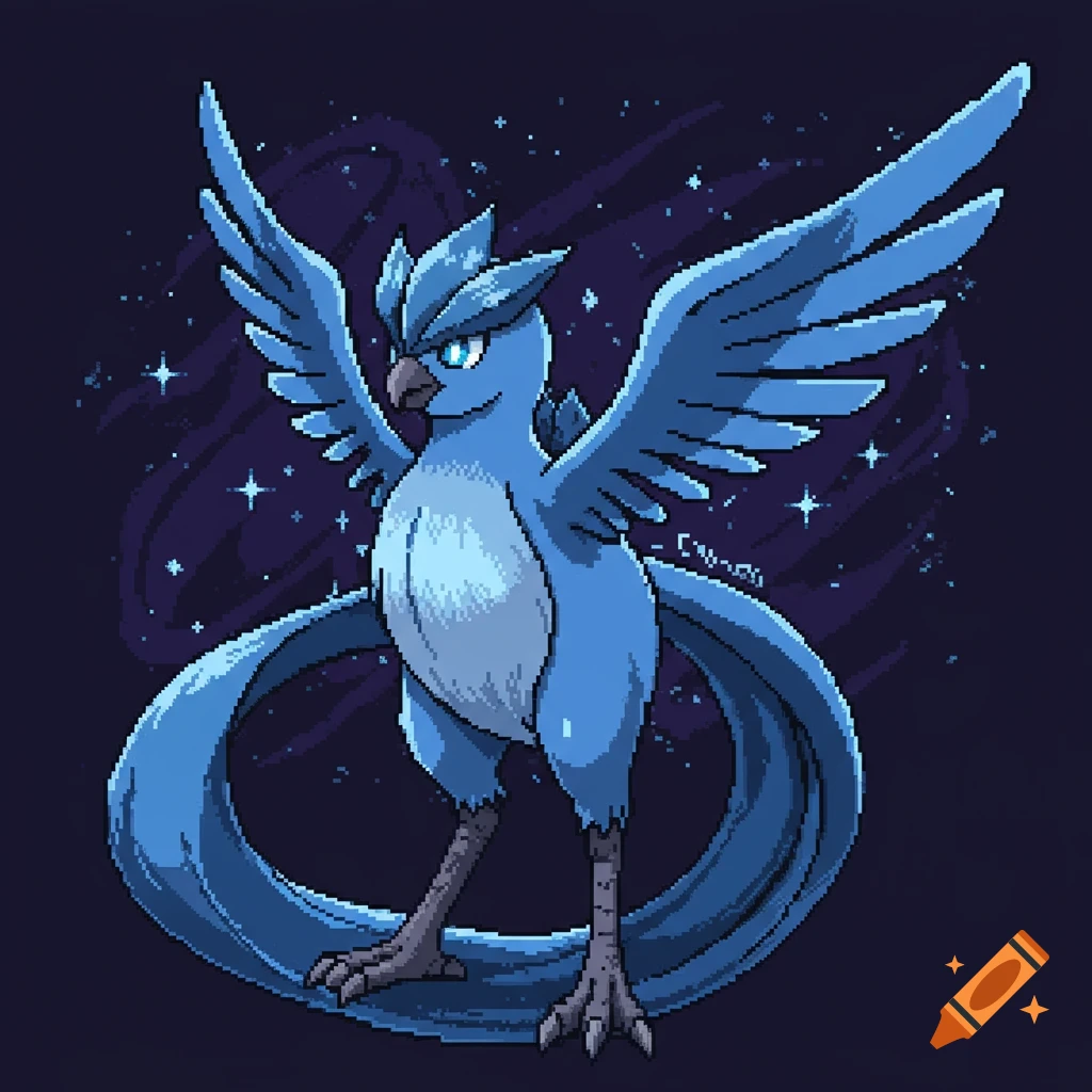 A pixel art sprite of Galarian Articuno, a blue bird-like Pokemon, with large wings spread against a dark, starry background.