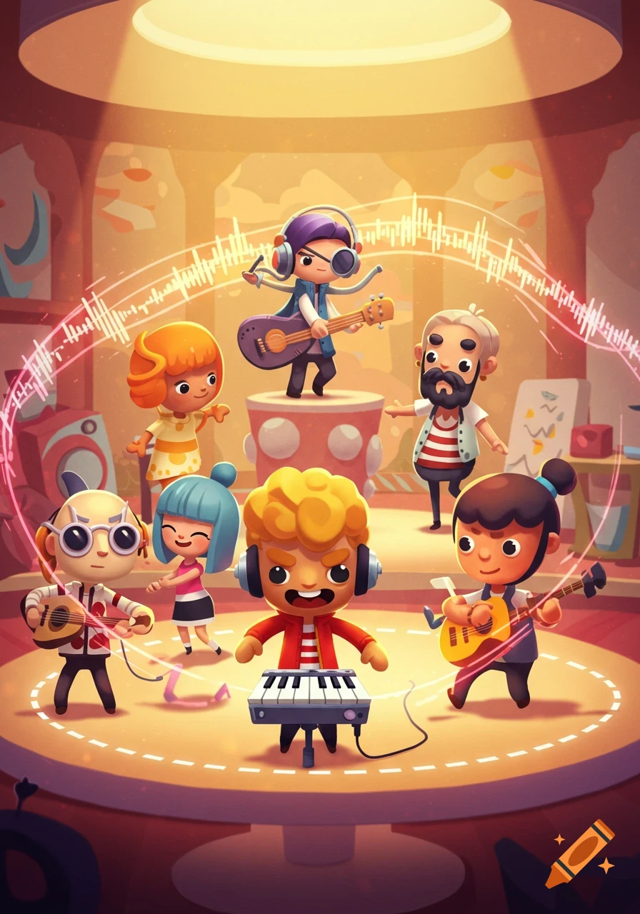 Vibrant cartoon illustration of a group of diverse characters playing musical instruments as a band, surrounded by sound waves.
