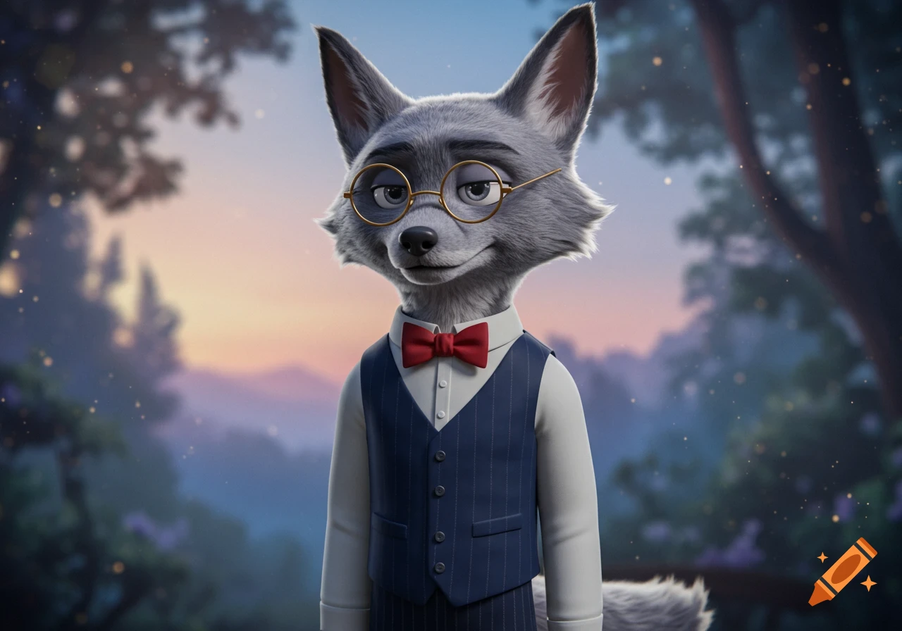 An anthropomorphic gray fox kit in round glasses, a white shirt, red bowtie, and blue pinstripe vest, in a 3D animated forest at sunset.