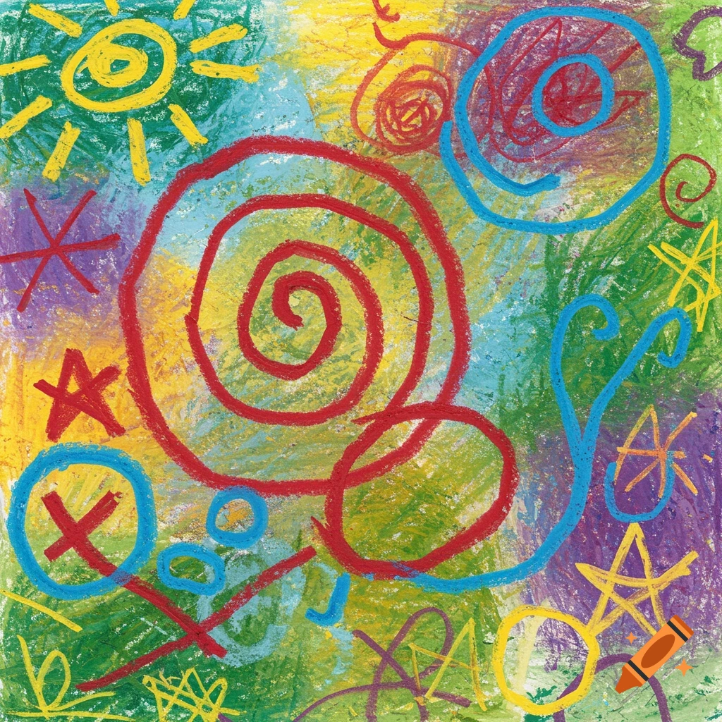 An abstract, colorful crayon drawing with red spirals, blue circles, a yellow sun, and scribbled shapes on a multi-colored background.