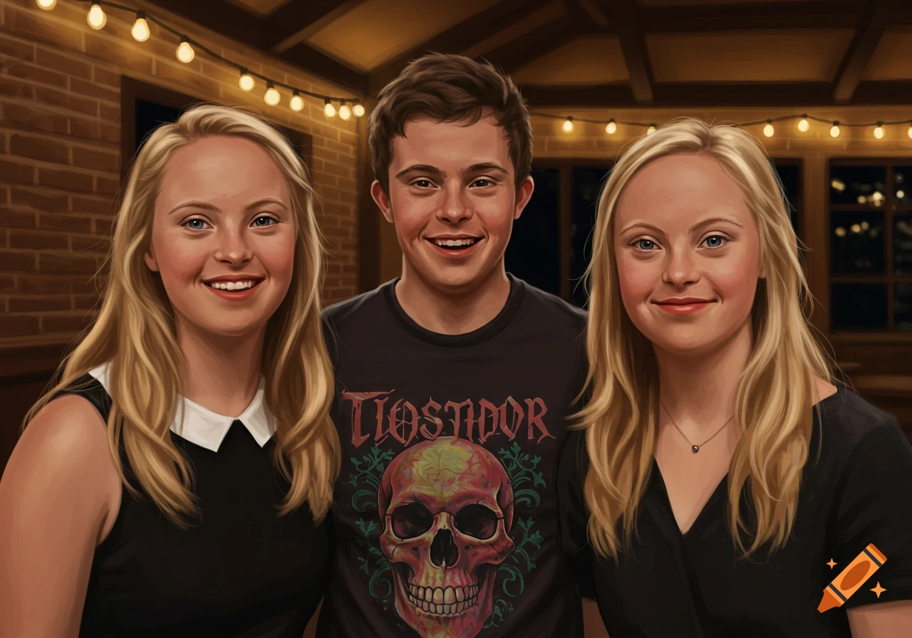 Digital painting of three smiling young adults, two women with blonde hair and one man with brown hair, with Down syndrome features, against a brick wall with string lights.