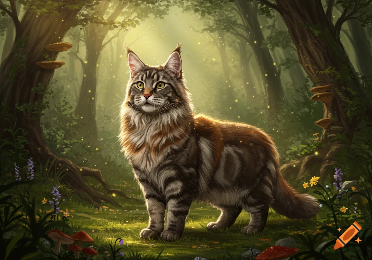 A majestic Maine Coon cat with tabby and ginger fur stands in a sunlit, enchanted forest with glowing light particles, mushrooms, and trees, digital painting.