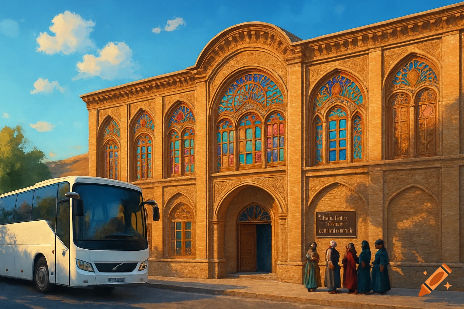 An angled view of the Kurdistan Museum of Anthropology, a Qajar-era building with intricate brickwork and colorful stained glass windows. A white Volvo bus is parked in front, and a group of tourists in traditional Kurdish clothing stand near the entrance under soft sunlight.