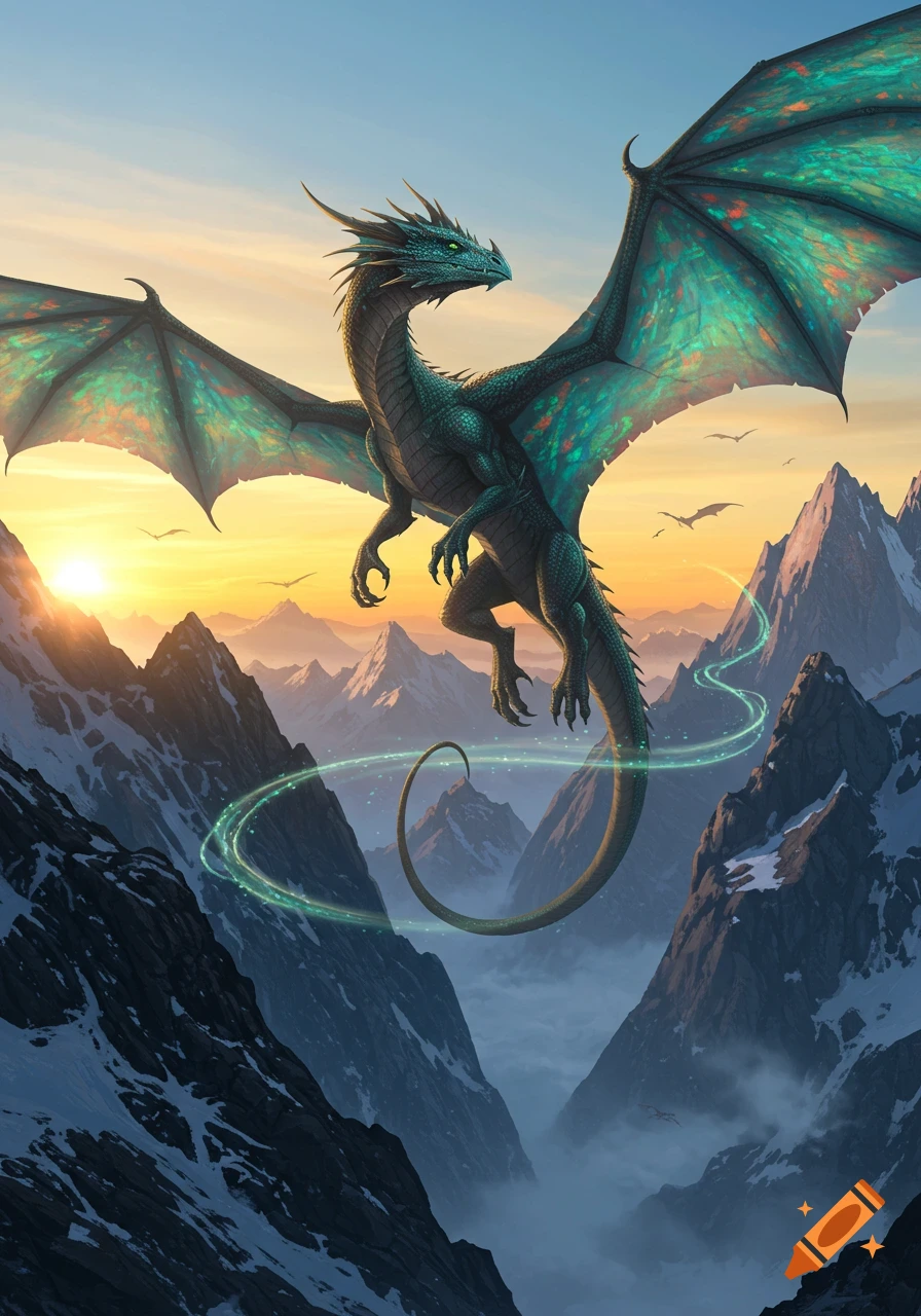 A majestic green dragon with iridescent wings flies over snowy mountains during a vibrant sunset, leaving a trail of glowing green magic.