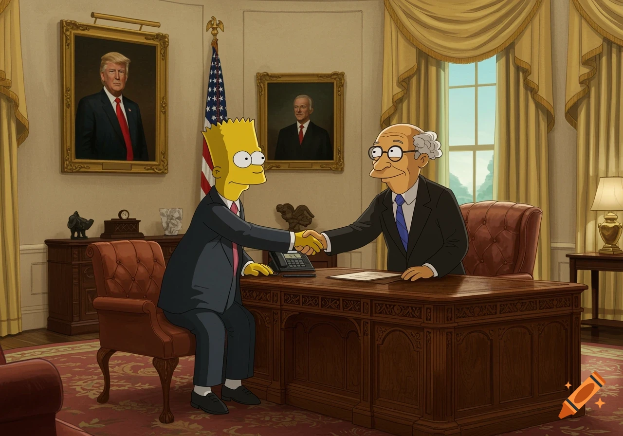 Bart Simpson shakes hands with an older man in a cartoon Oval Office, a portrait of Donald Trump hangs nearby.
