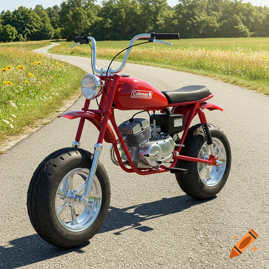 A red Coleman mini bike with chunky tires is parked on an asphalt road winding through a grassy field under a bright, clear sky. Photorealistic style.