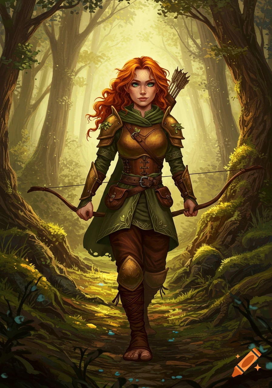 A red-haired fantasy ranger woman standing with a bow and quiver in a sunlit forest, digital painting style.