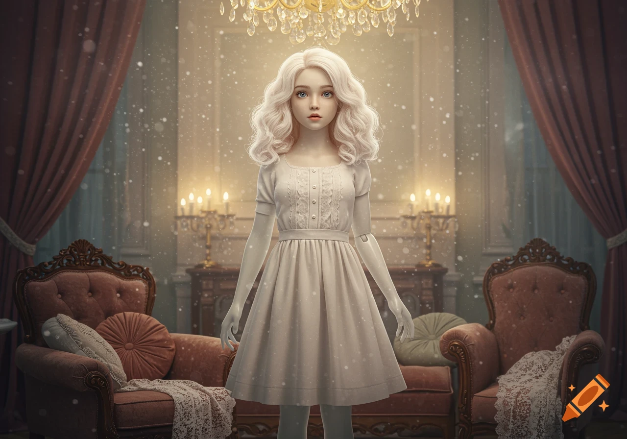 A blonde doll-like girl in a white dress stands in an ornate, snow-dusted room with chandeliers and velvet curtains.