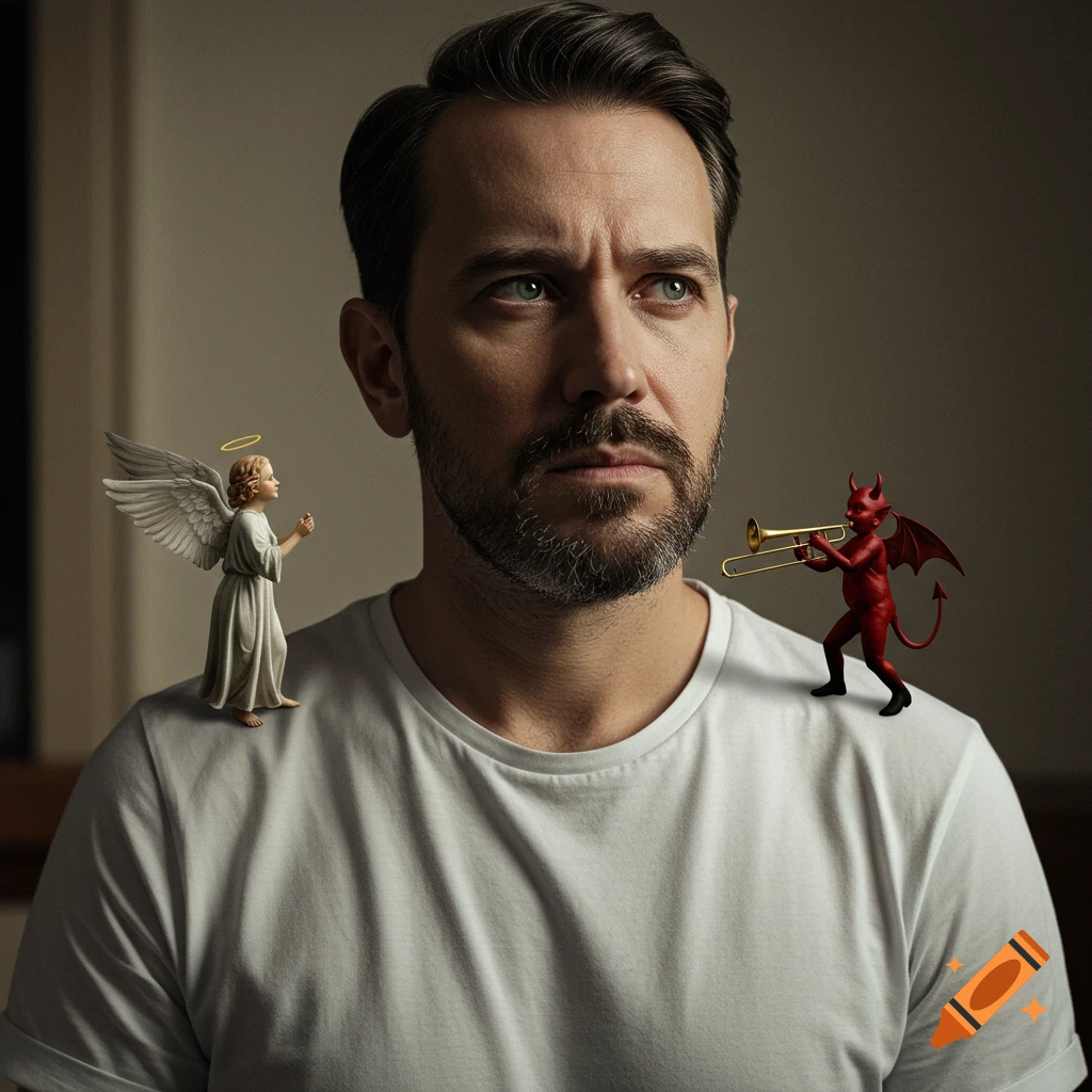 Photorealistic portrait of a man in deep thought, with a tiny angel on his right shoulder and a tiny devil playing a trombone on his left.
