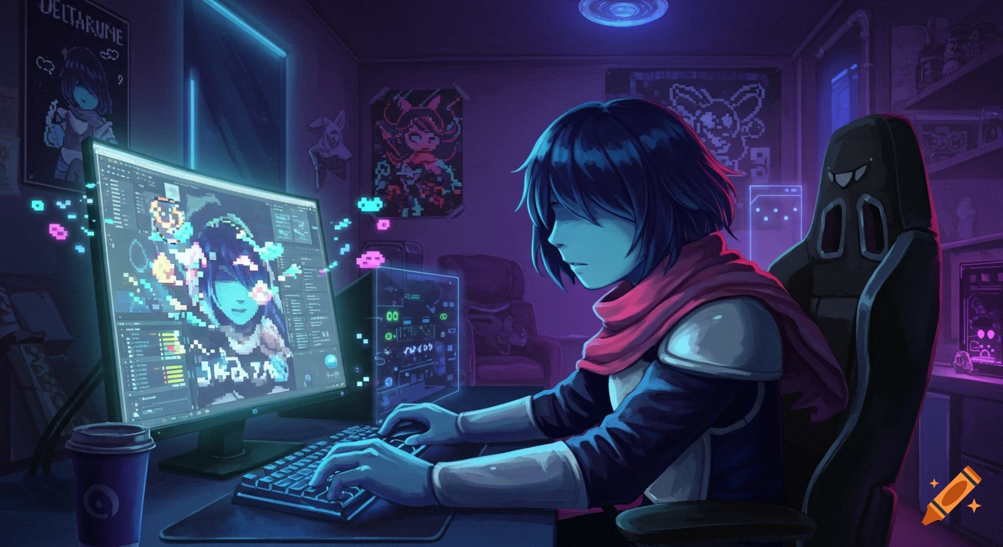 Anime character Kris from Deltarune sits at a desk, typing on a keyboard, with a pixel art screen display.