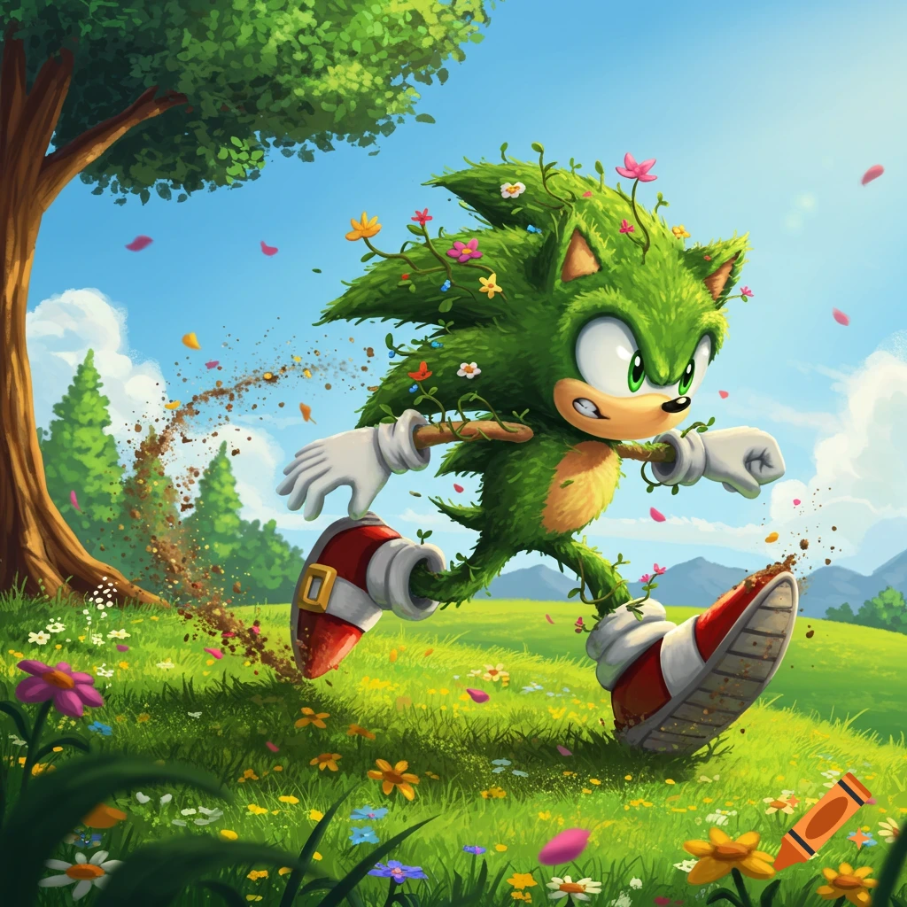 A green, plant-covered Sonic-like character runs through a vibrant, flower-filled grassy field, kicking up dirt.