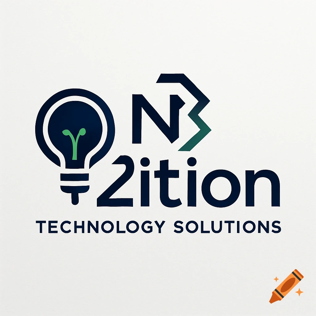 Minimalist logo with a dark blue lightbulb showing a green sprout, next to stylized 'N2ition' text and 'TECHNOLOGY SOLUTIONS' tagline.