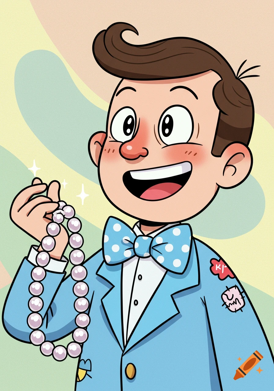Cartoon man with brown hair, blue bow tie, and light blue jacket, happily holding a shimmering string of pearls.