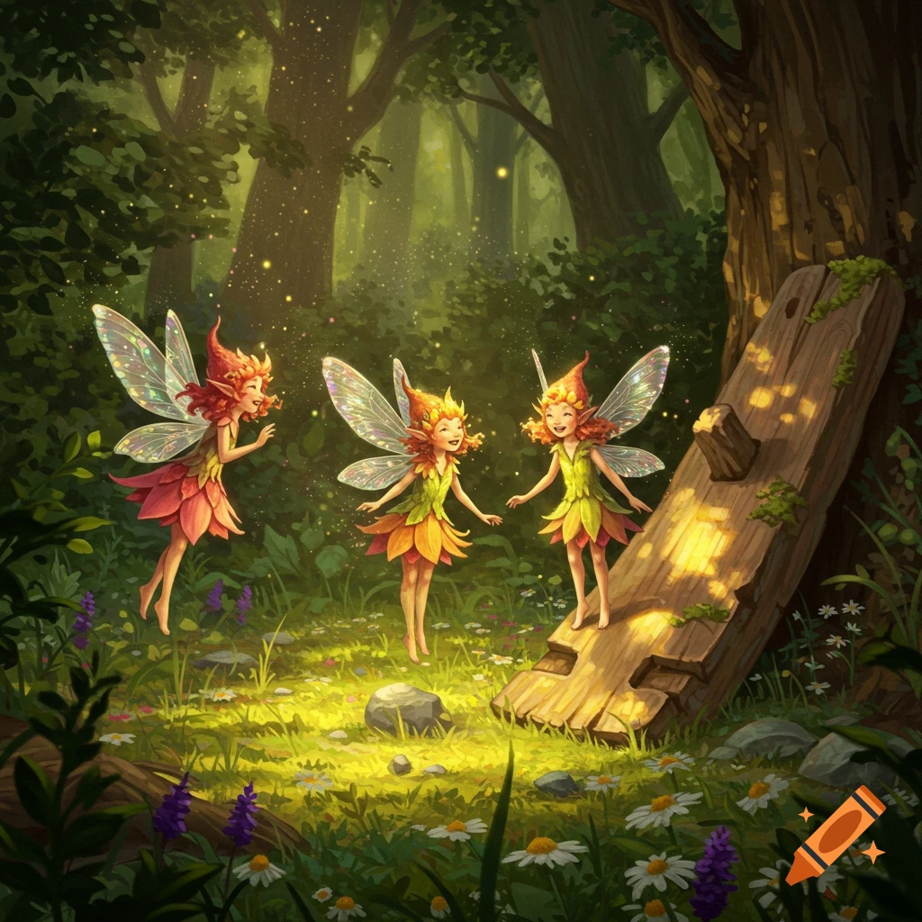 Three smiling pixies with colorful wings and leaf dresses dance in a sunlit forest clearing with flowers and a fallen log. Illustrated style.