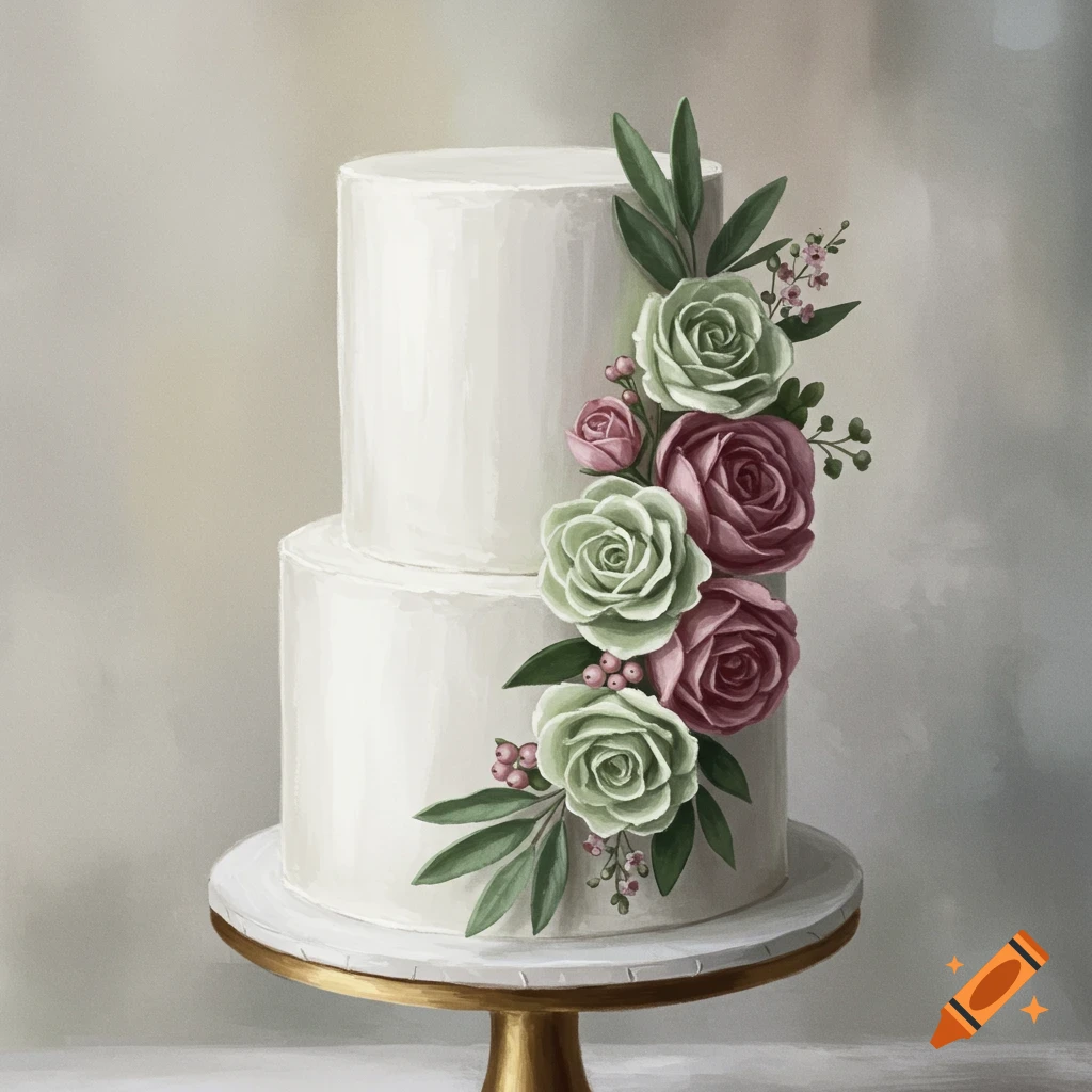 A two-tier white wedding cake adorned with a cascade of sage green and dusty pink roses and small berries, presented on a gold stand.