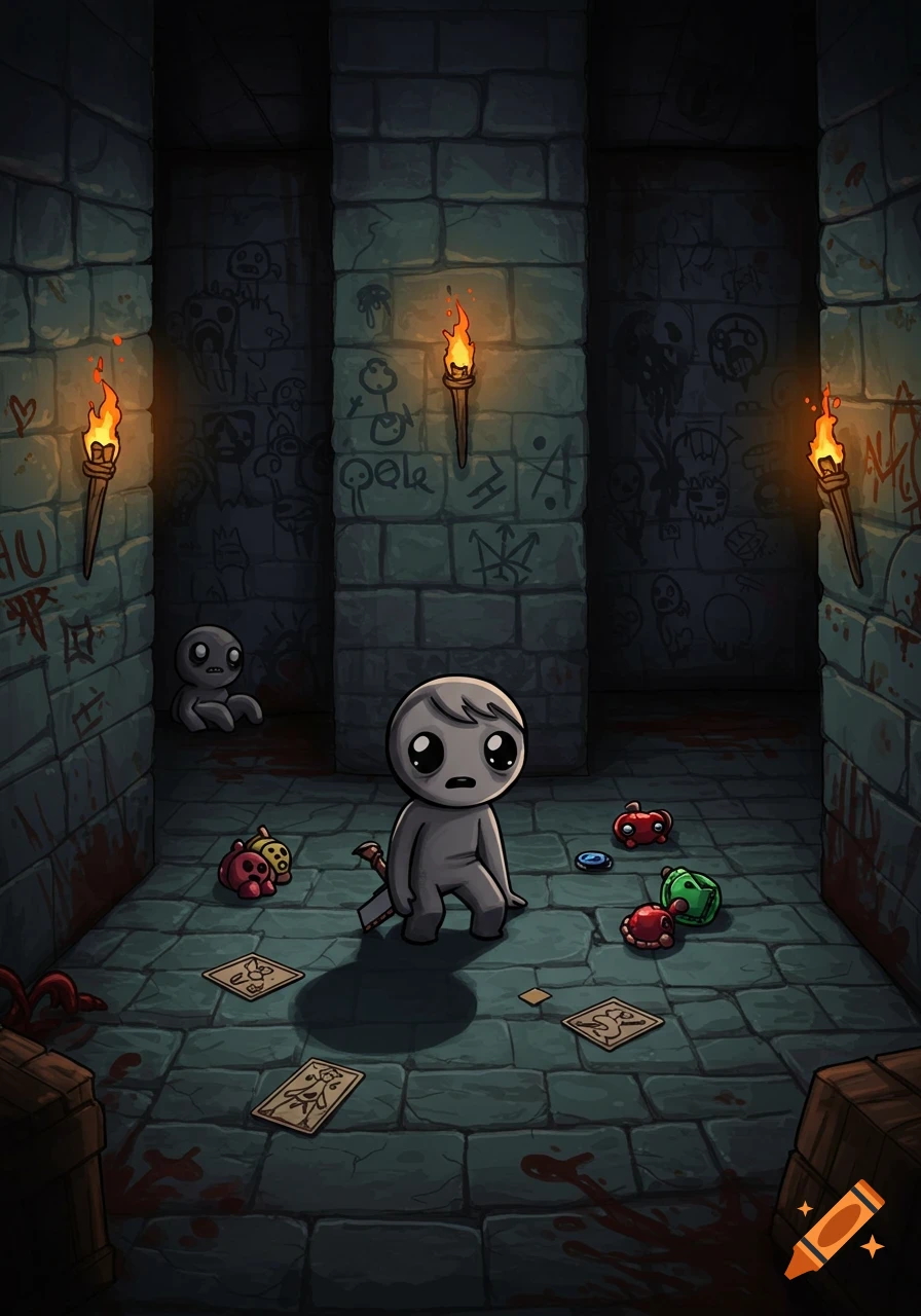 A cartoonish, grey-skinned character with large eyes stands in a dark stone dungeon with a cleaver, surrounded by blood splatters, small monsters, cards, and wall scribbles.